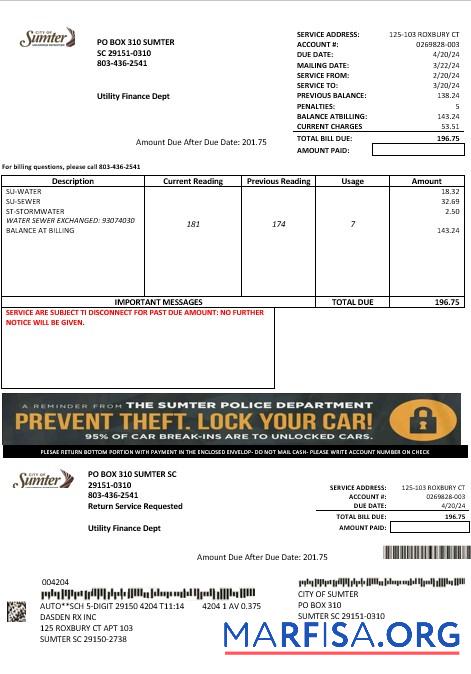 Printable USA City of Sumter South Carolina water business utility bill template in Word and PDF formats